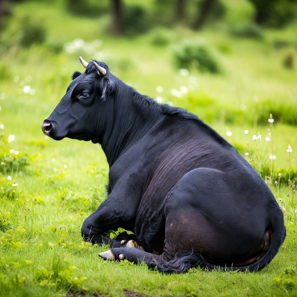 Black cow lying in green meadow Black cow lying in green meadow
