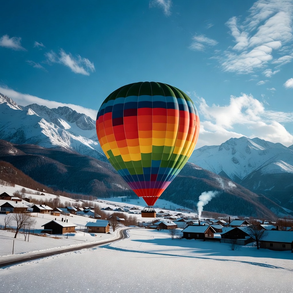 Colorful Hot Air Balloon over Snowy Mountains Colorful Hot Air Balloon over Snowy Mountains