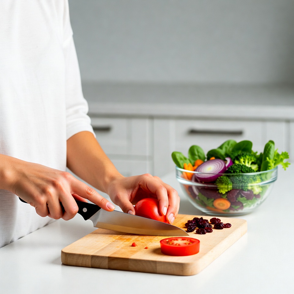 Woman slicing tomato in kitchen Woman slicing tomato in kitchen