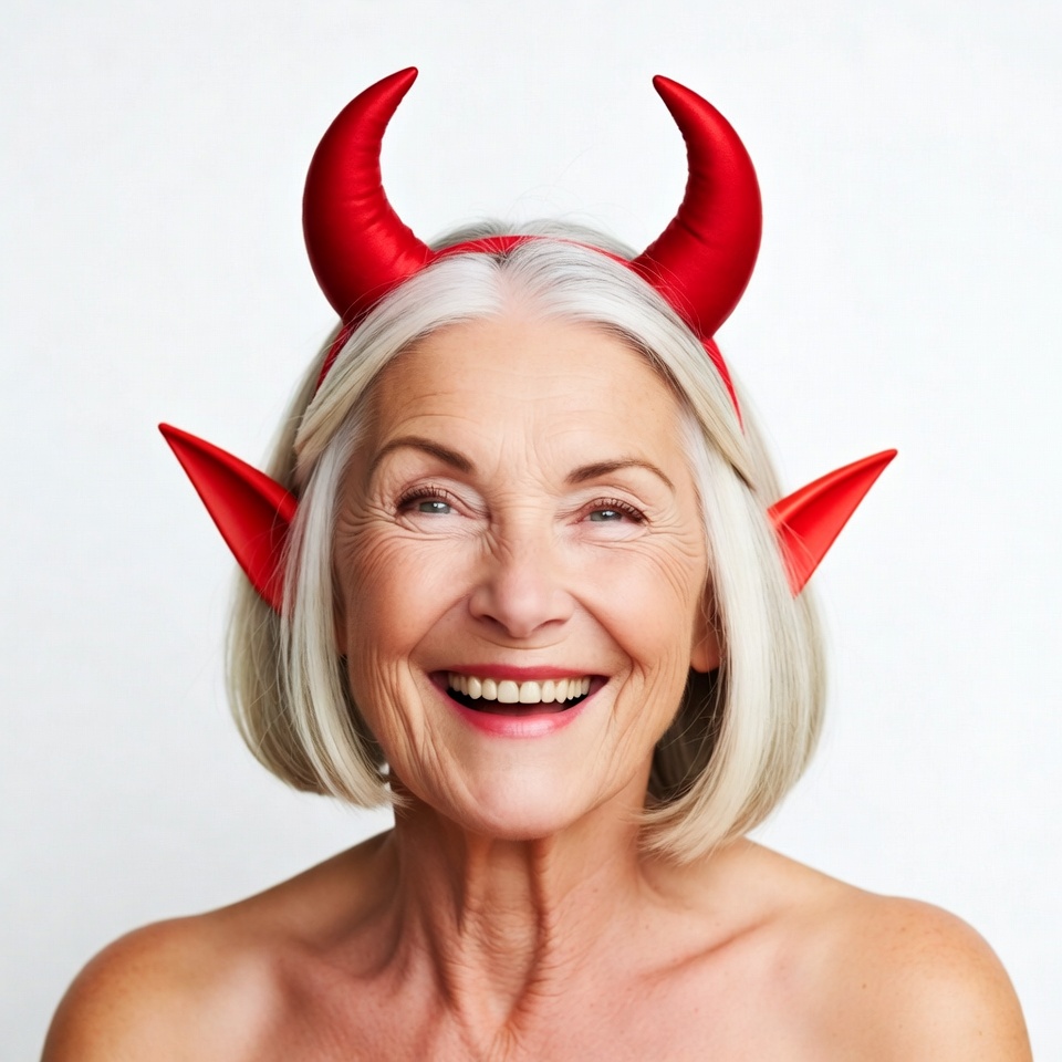 Elderly woman wearing red devil horns Elderly woman wearing red devil horns