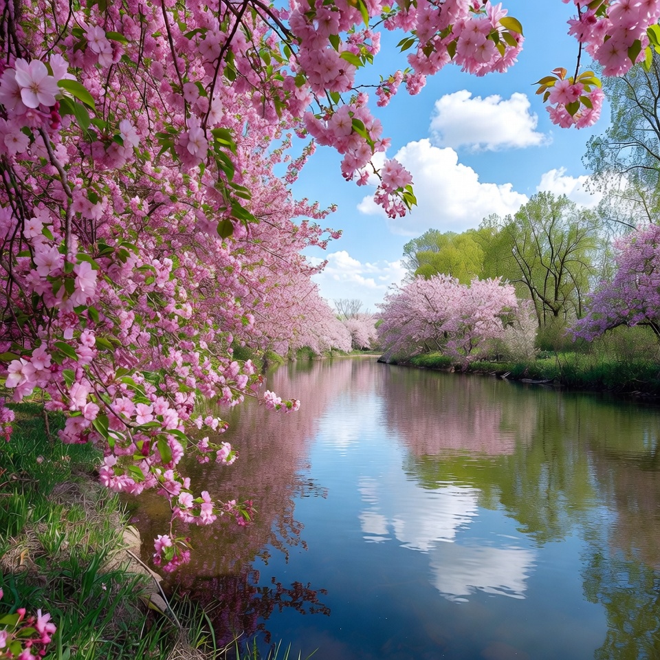 Pink Cherry Blossoms Along River Pink Cherry Blossoms Along River