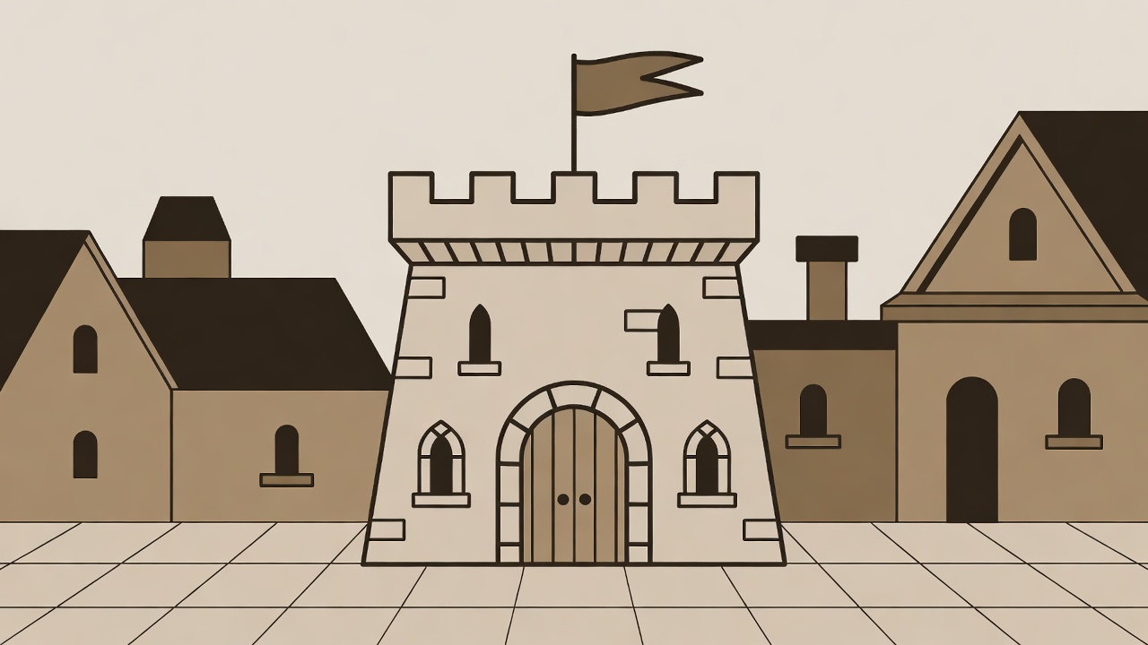 Medieval Castle with Village Houses Illustration Medieval Castle with Village Houses Illustration