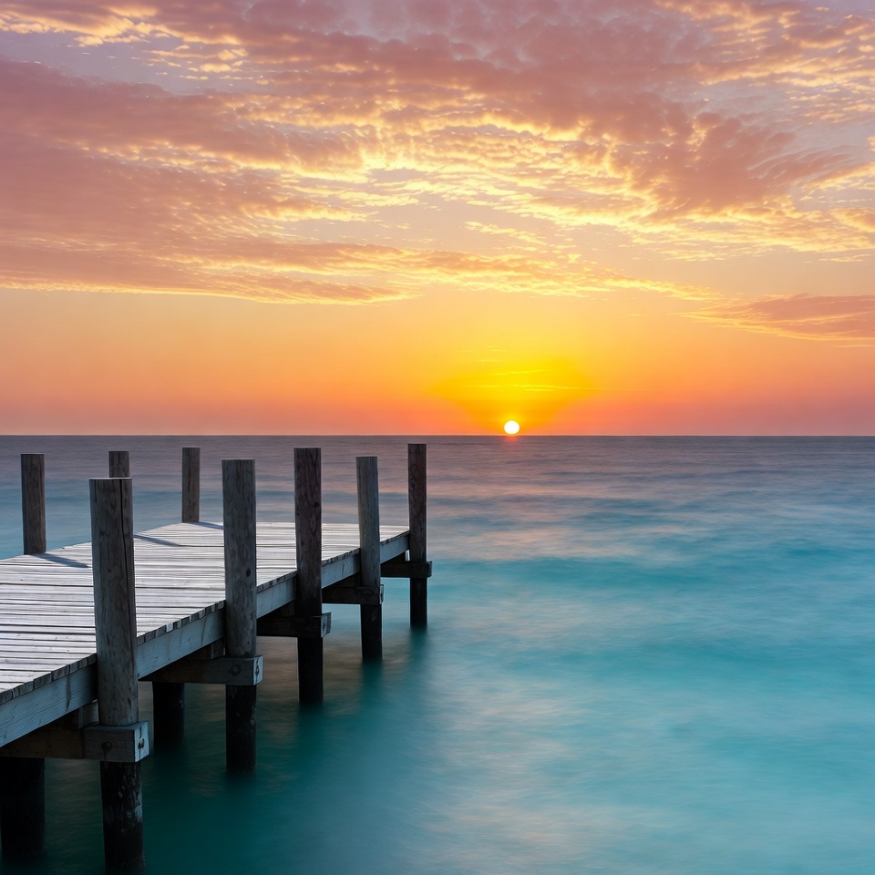 Wooden pier over turquoise ocean at sunset Wooden pier over turquoise ocean at sunset
