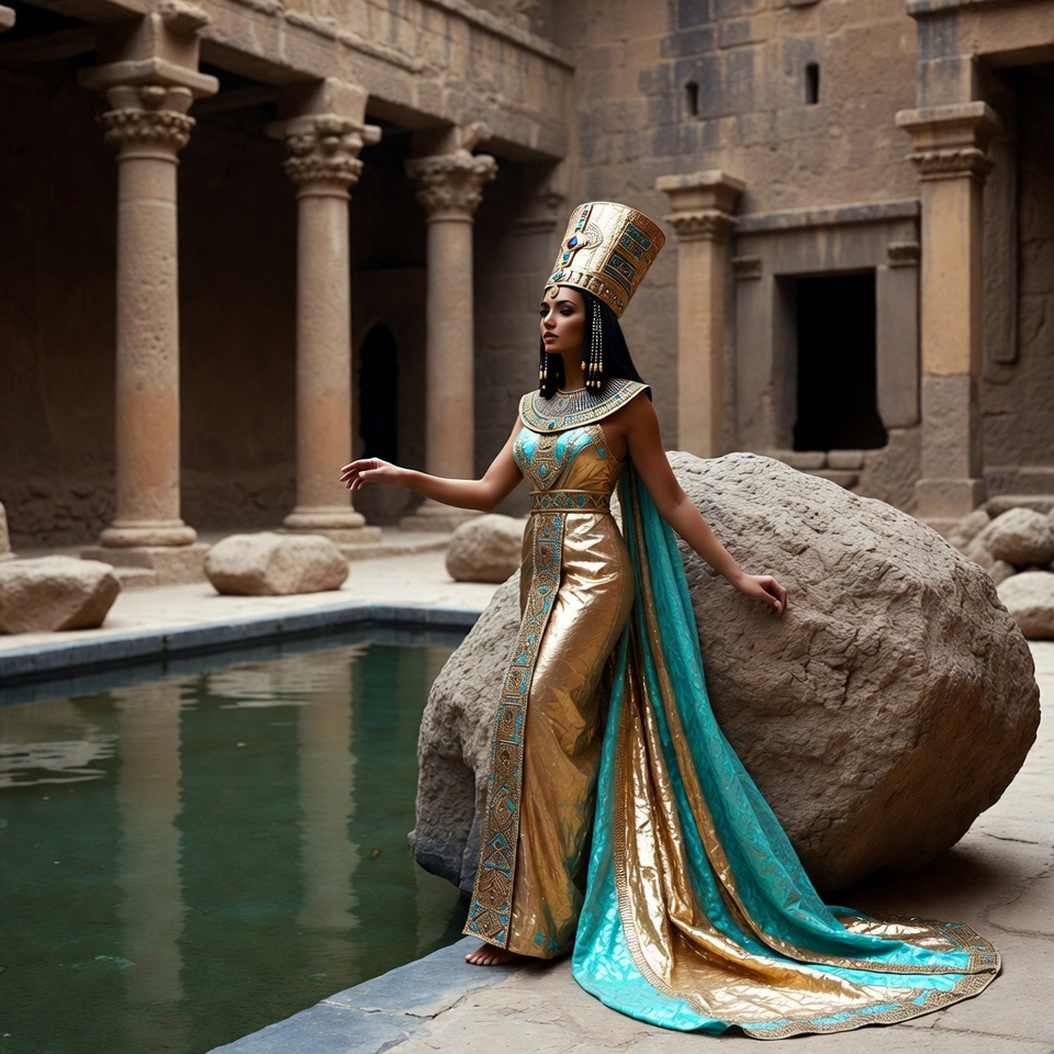 Egyptian woman in golden dress by pool Egyptian woman in golden dress by pool