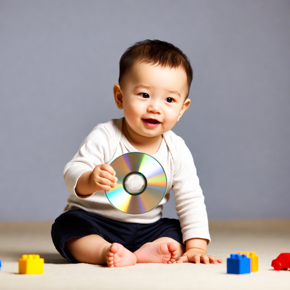 Asian baby holding CD with toys Asian baby holding CD with toys
