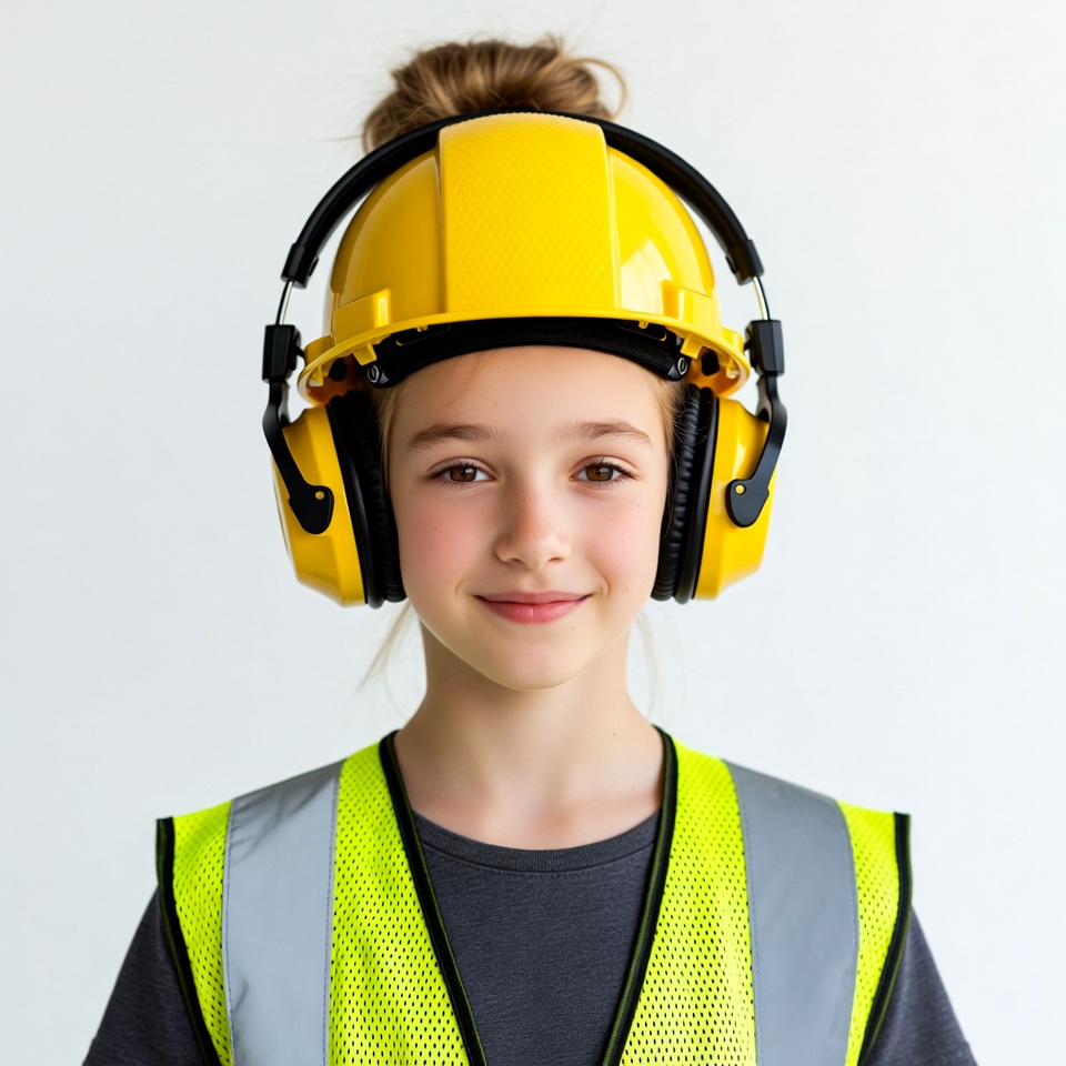 Girl wearing yellow hard hat and vest Girl wearing yellow hard hat and vest