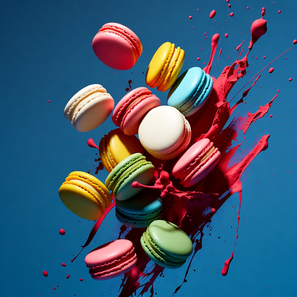 Colorful Macarons Floating with Red Splashes Colorful Macarons Floating with Red Splashes
