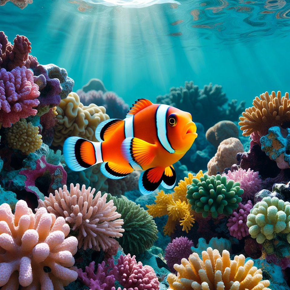 Clownfish swimming among coral reef Clownfish swimming among coral reef