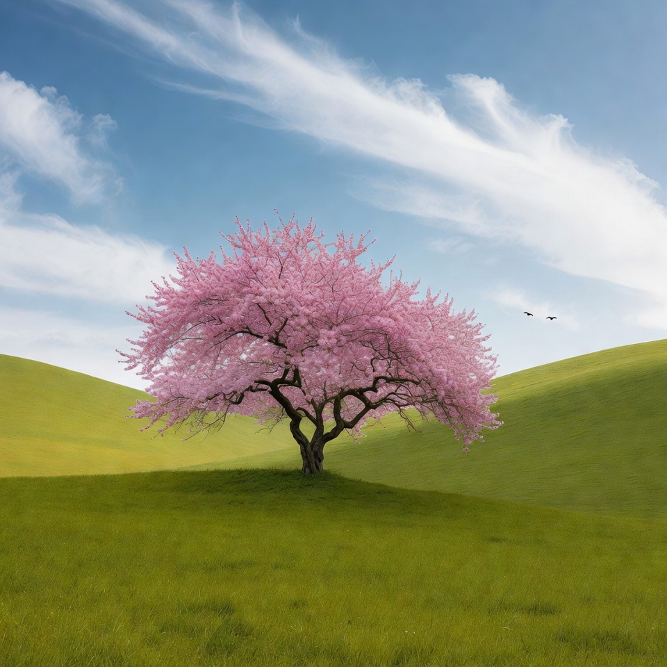 Pink Cherry Blossom Tree on Green Hills Pink Cherry Blossom Tree on Green Hills