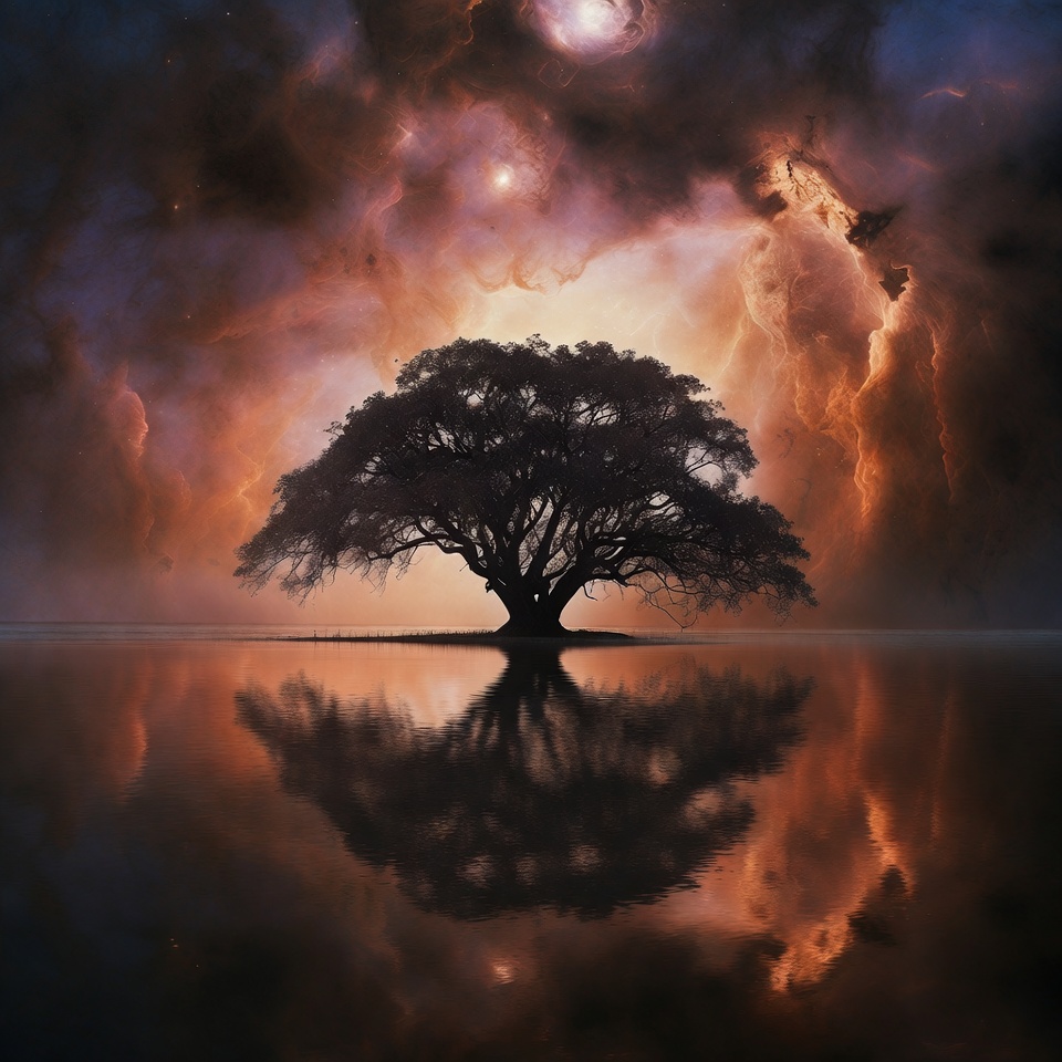 Ancient Tree in Cosmic Storm Reflection Ancient Tree in Cosmic Storm Reflection
