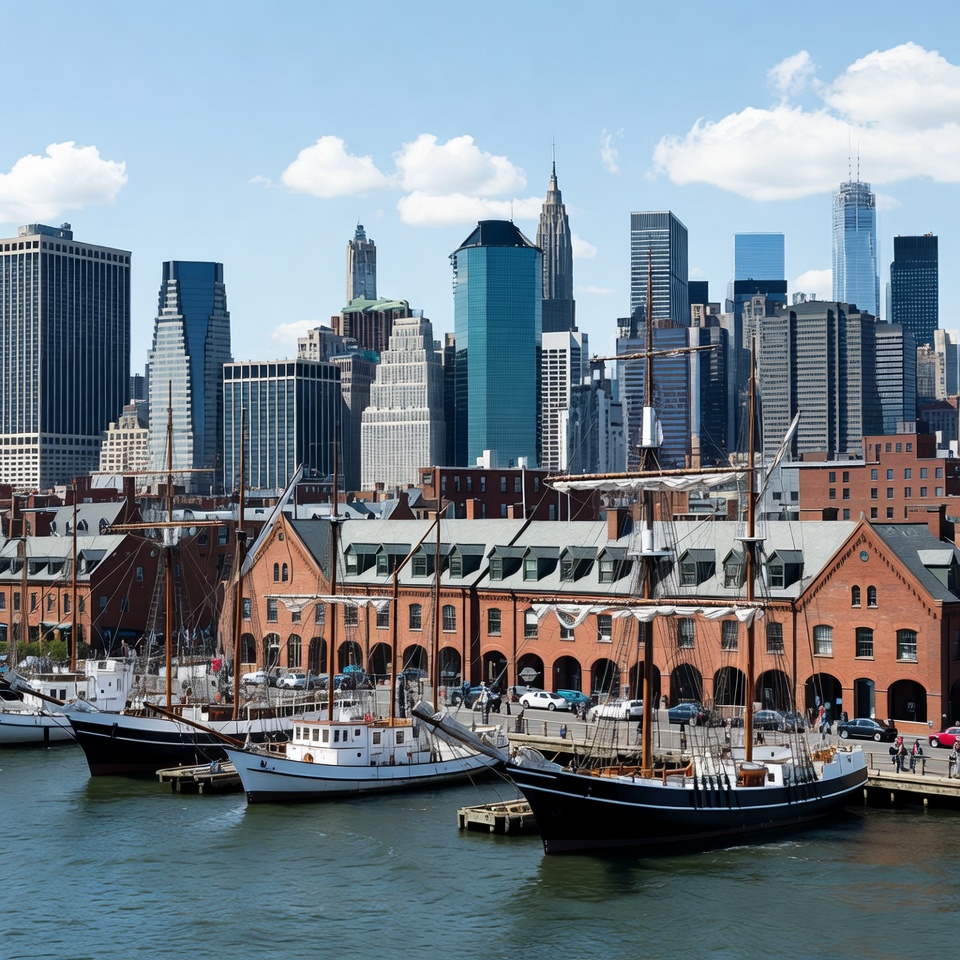 Sailing Ships Docked Manhattan Skyline Sailing Ships Docked Manhattan Skyline