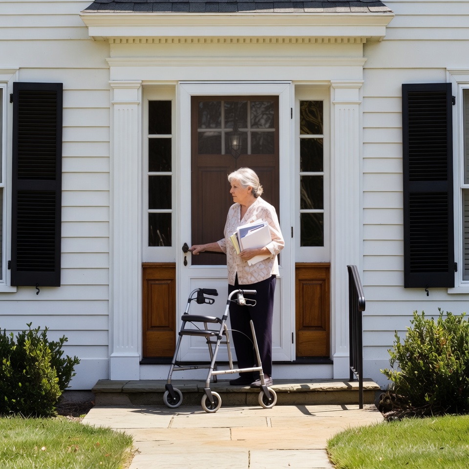Elderly woman with walker at house door Elderly woman with walker at house door