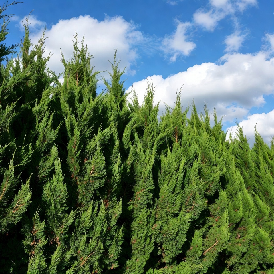 Lush green arborvitae hedge under blue sky Lush green arborvitae hedge under blue sky
