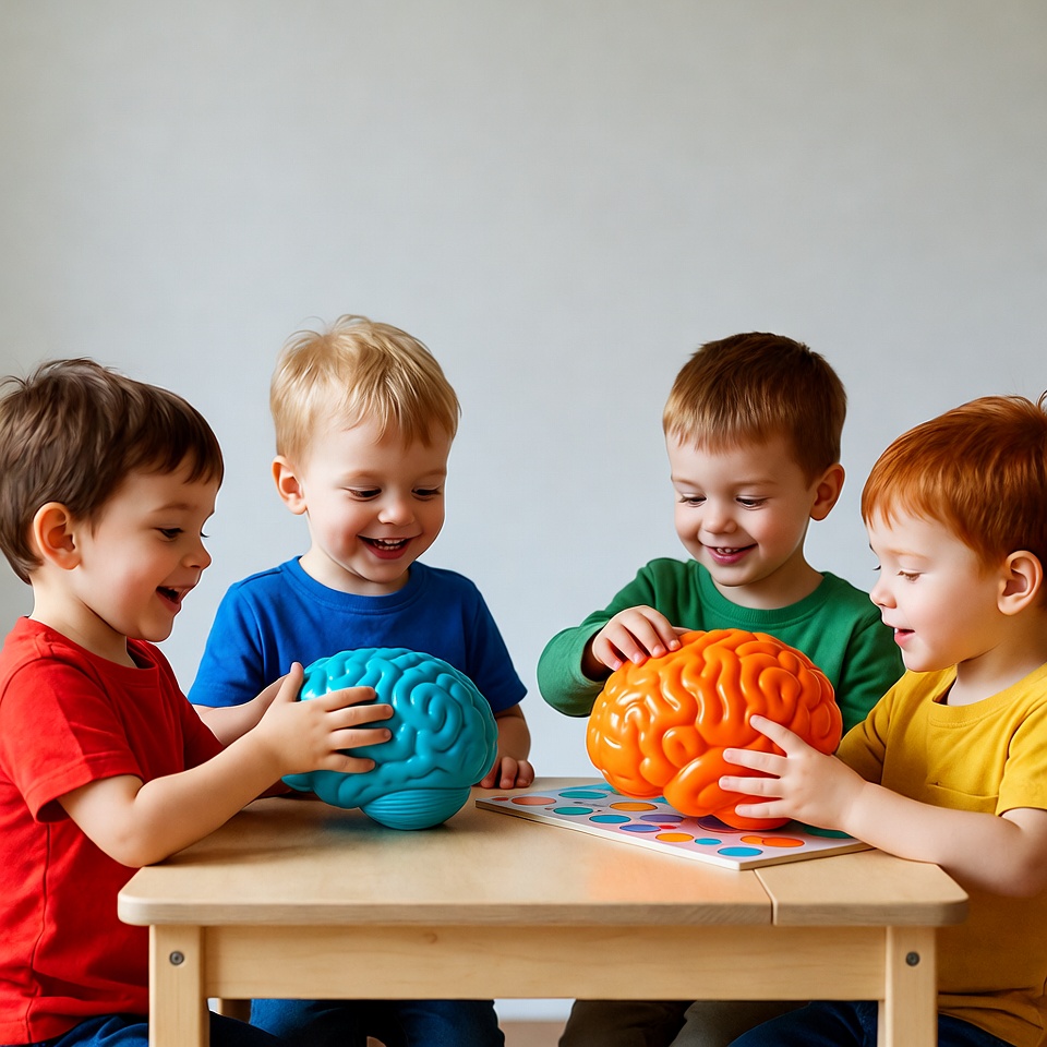 Boys playing with colorful brain toys Boys playing with colorful brain toys