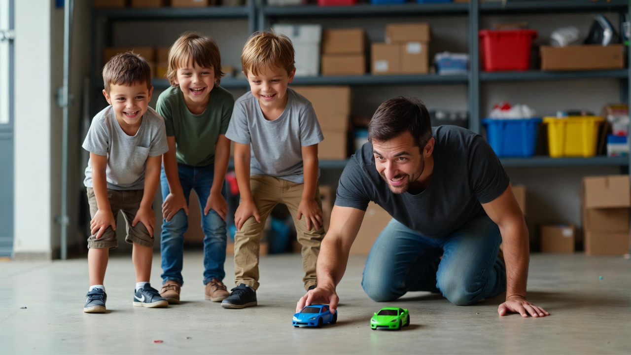 Father playing toy cars with three boys Father playing toy cars with three boys