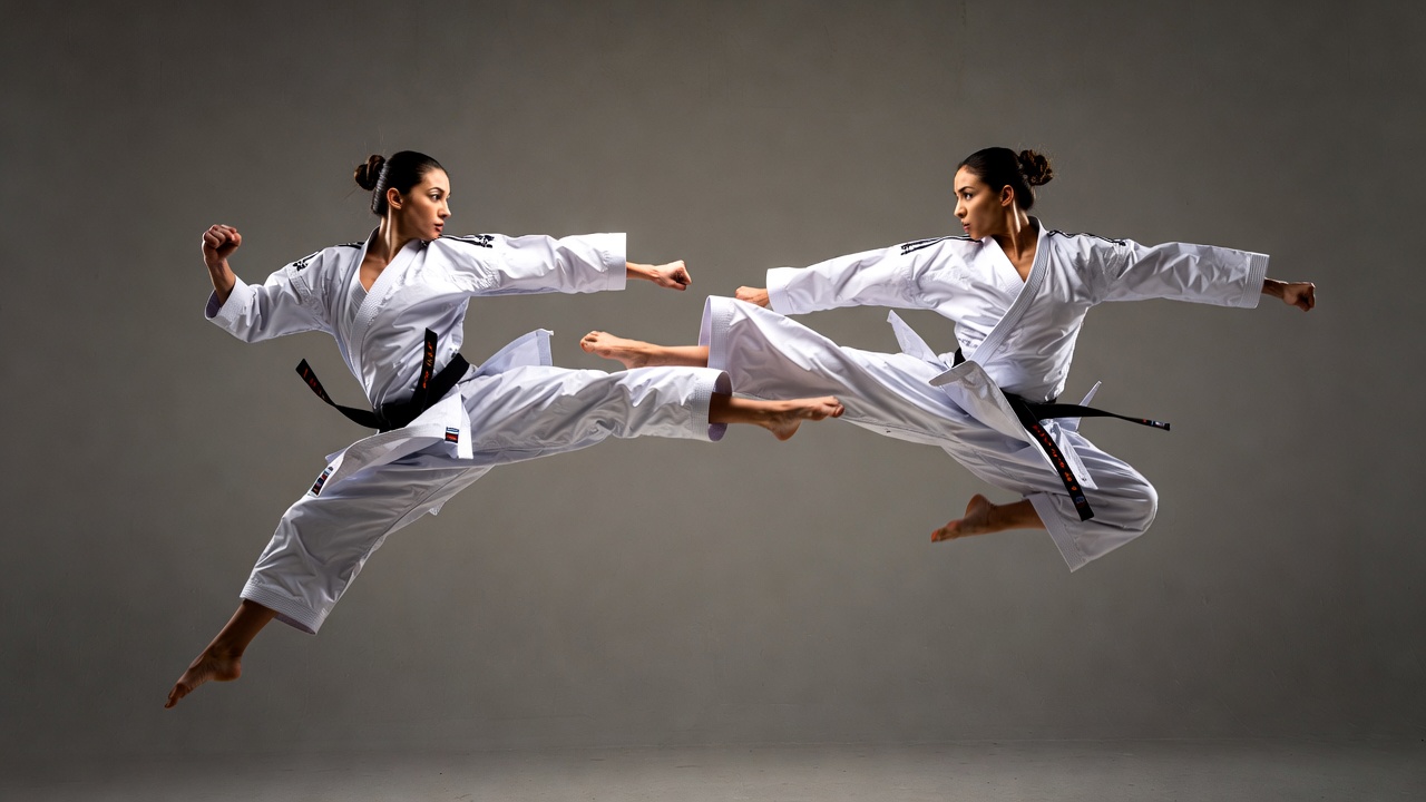 Two women sparring in karate gi Two women sparring in karate gi