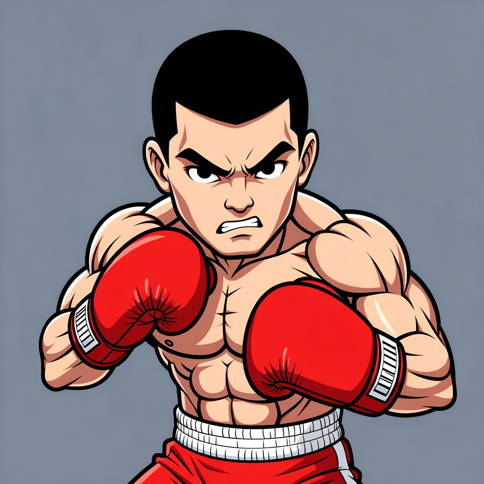 Muscular anime boxer in fighting stance Muscular anime boxer in fighting stance