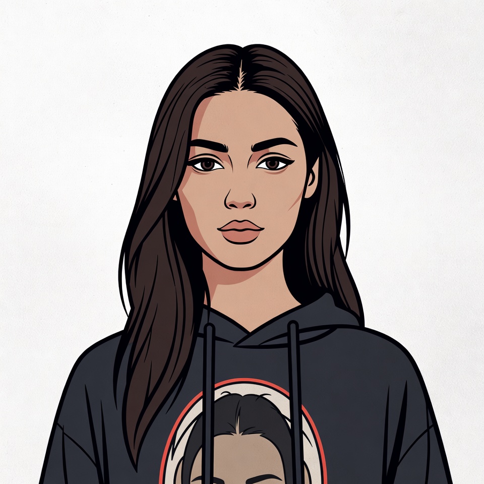 Woman in black hoodie with portrait Woman in black hoodie with portrait