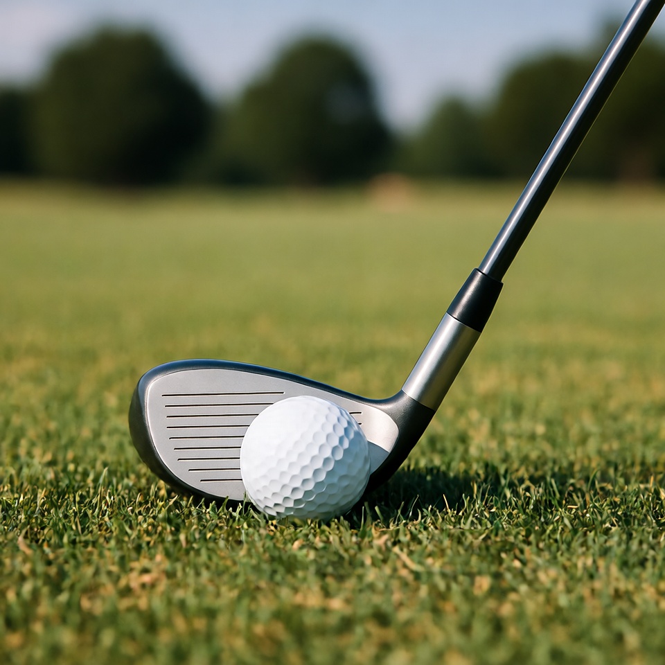 Golf club and ball on grass Golf club and ball on grass