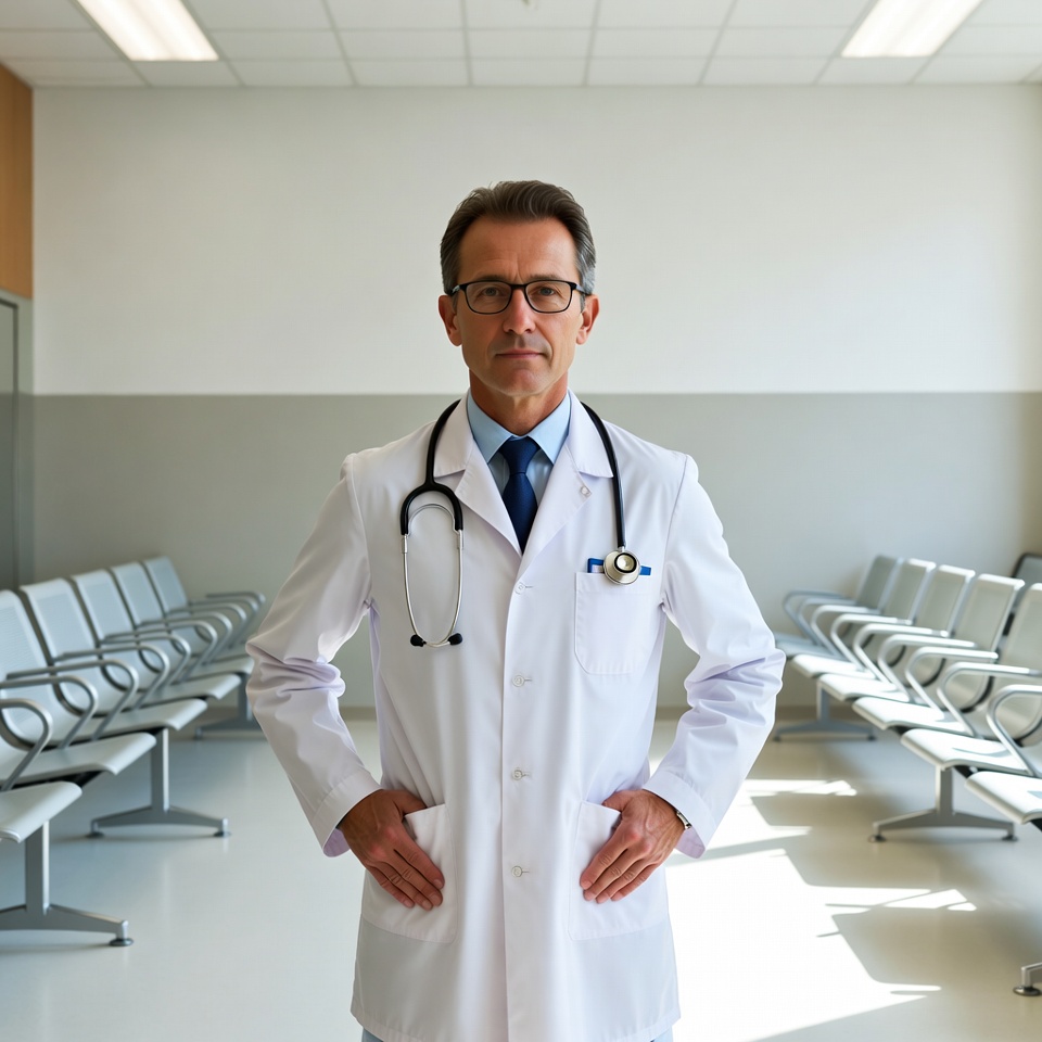 Male doctor standing in waiting room Male doctor standing in waiting room