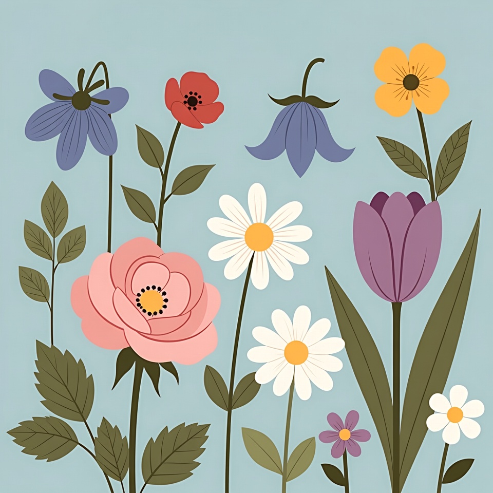 Colorful Flowers Illustration on Blue Background Colorful Flowers Illustration on Blue Background