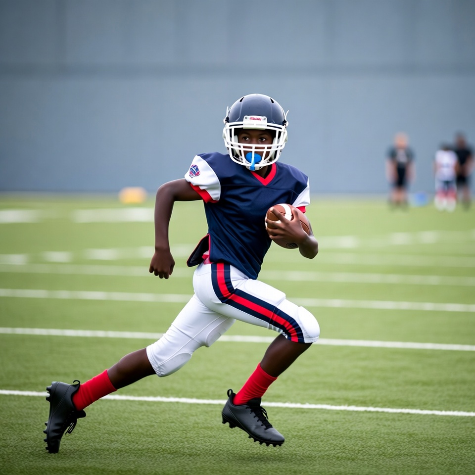 African-American boy running with football African-American boy running with football