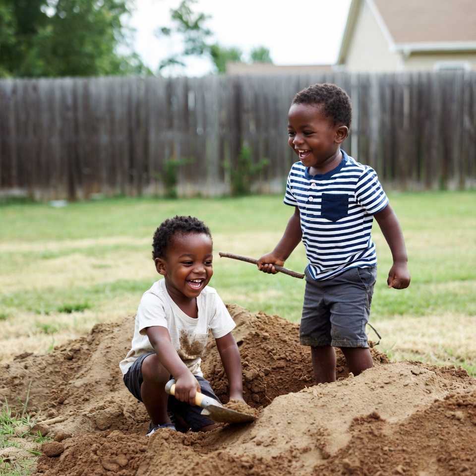 Two African-American boys digging in backyard dirt Two African-American boys digging in backyard dirt