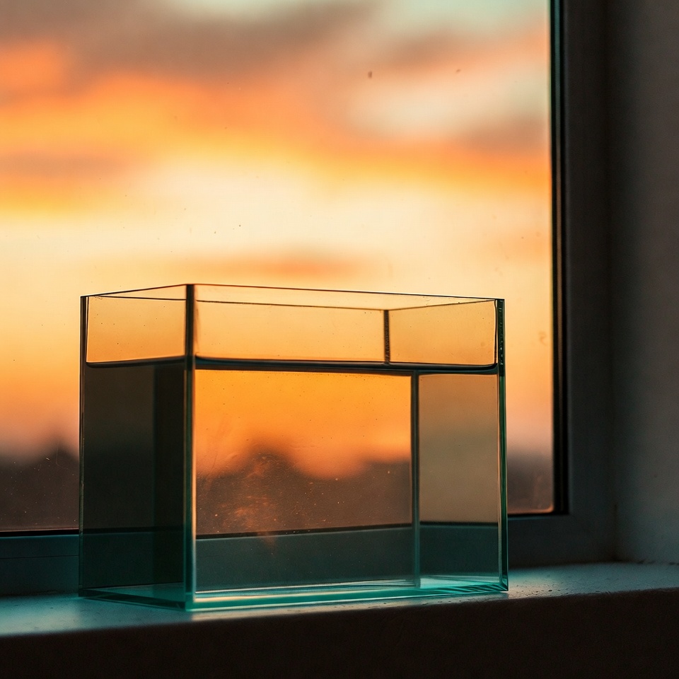 Empty glass aquarium on windowsill at sunset Empty glass aquarium on windowsill at sunset