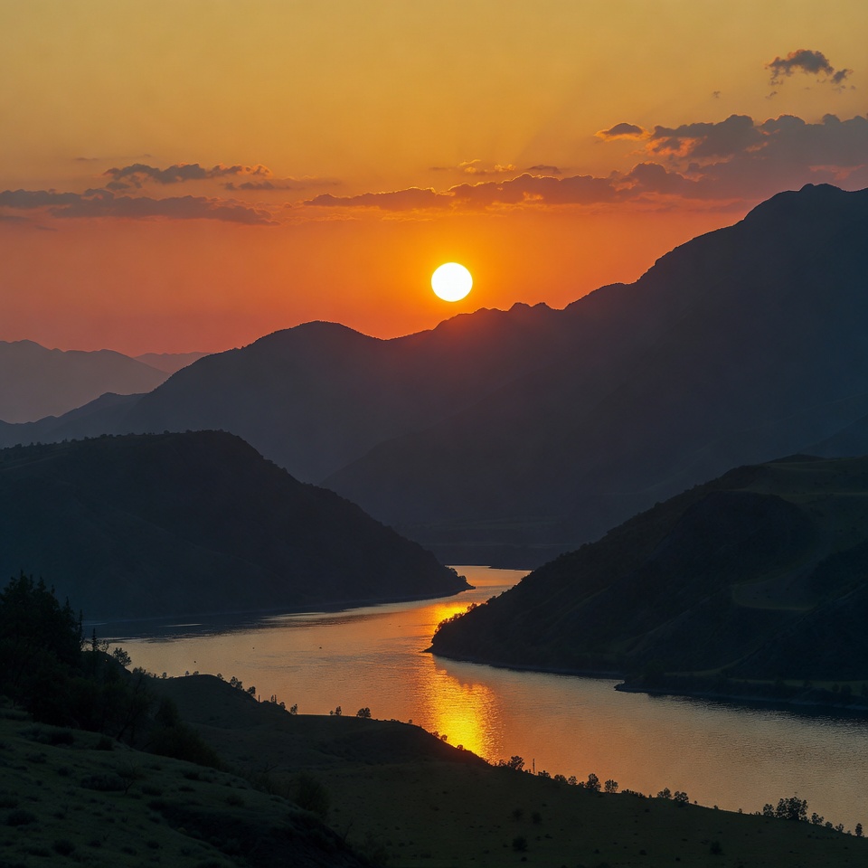 Sunset over river and mountains Sunset over river and mountains
