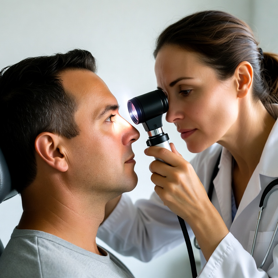 Female doctor examining man's eyes Female doctor examining man's eyes