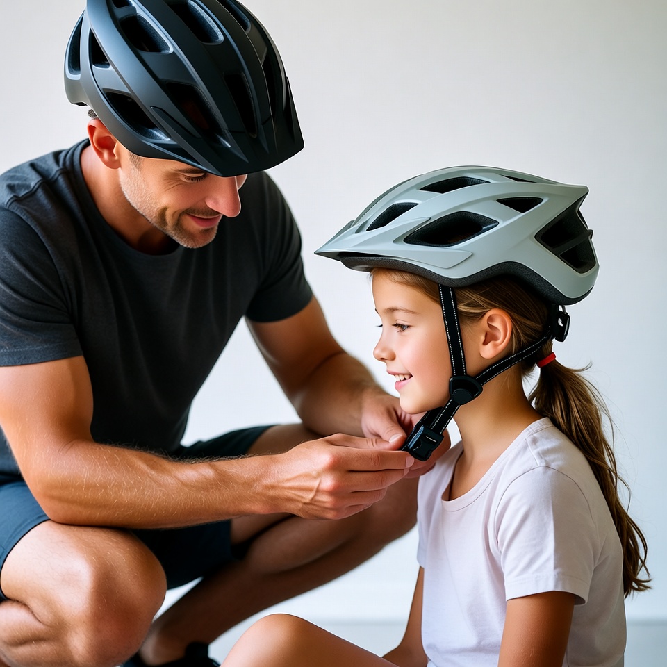 Father Adjusting Daughter's Bike Helmet Father Adjusting Daughter's Bike Helmet