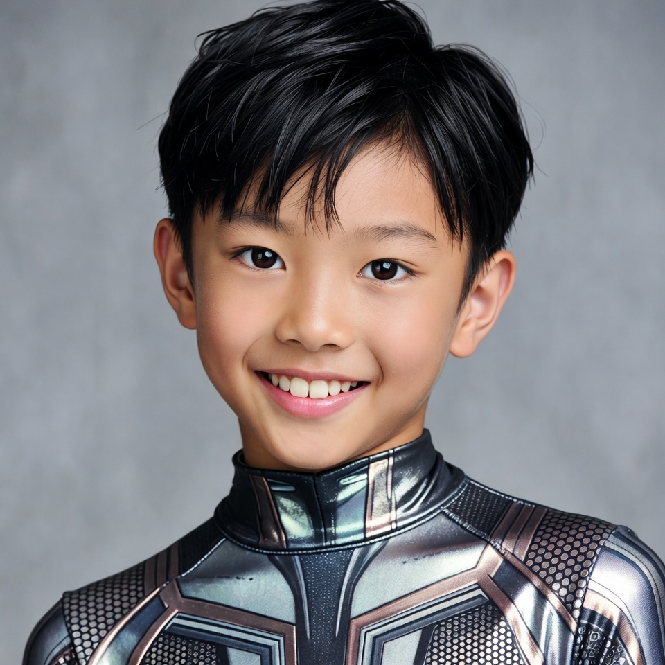 Asian boy in metallic costume smiling Asian boy in metallic costume smiling