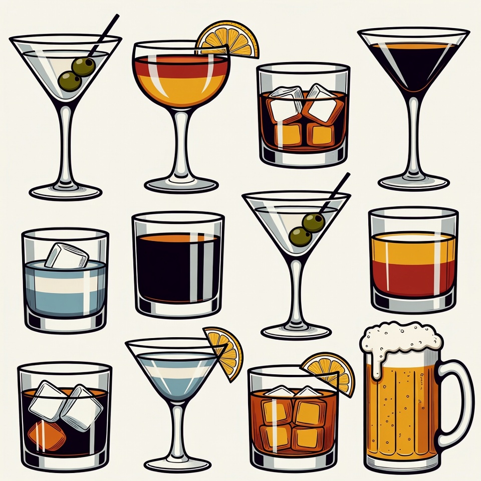 Variety of Cocktails and Beer Glasses Variety of Cocktails and Beer Glasses