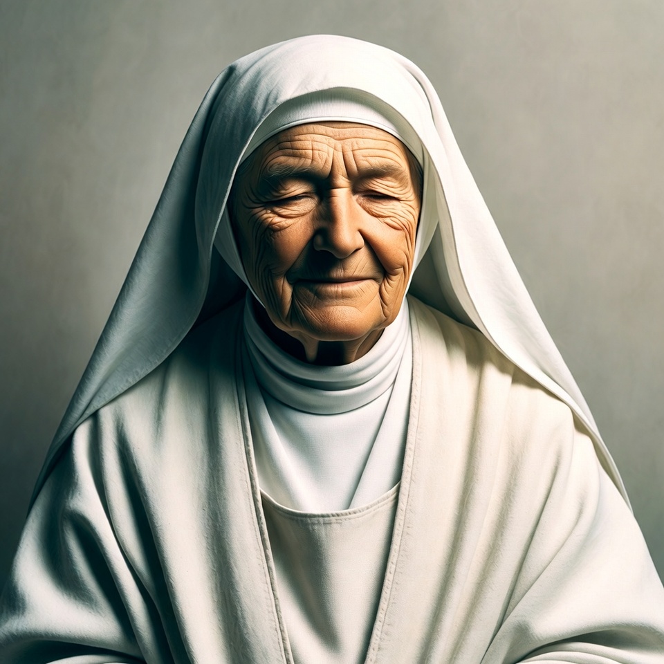 Elderly nun in white habit Elderly nun in white habit