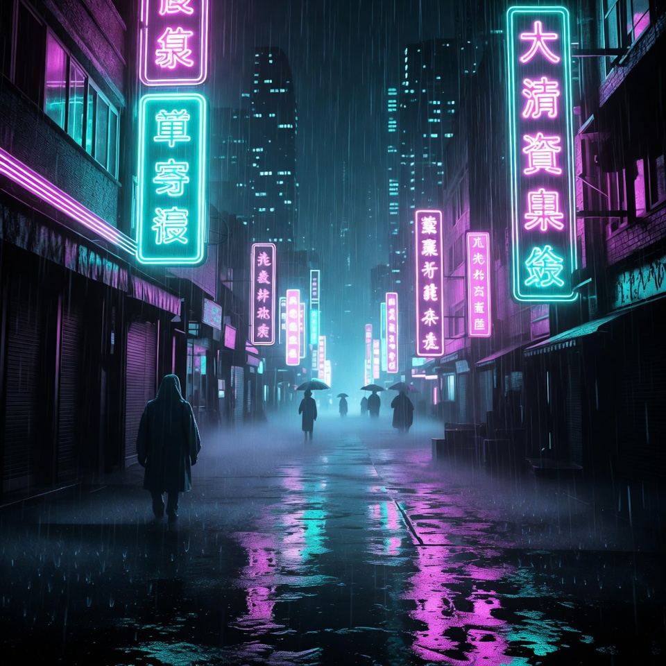 Neon-lit rainy cyberpunk street with umbrellas Neon-lit rainy cyberpunk street with umbrellas