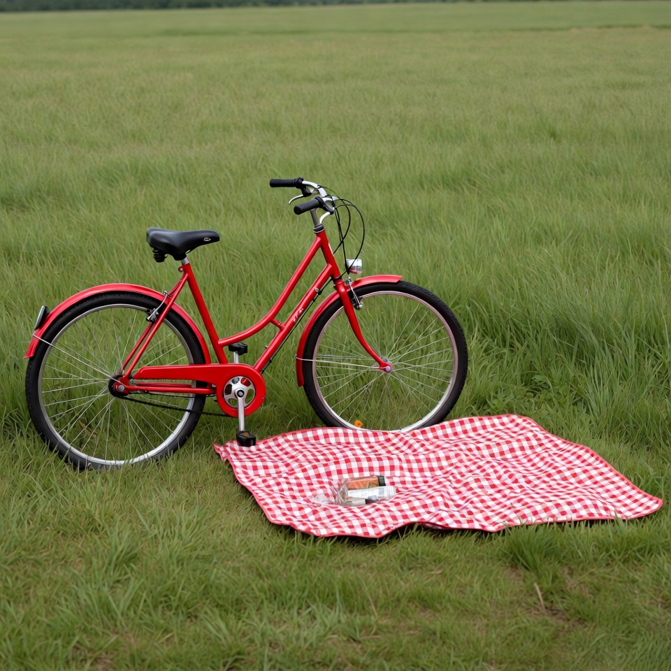 Red bicycle on picnic blanket in grass Red bicycle on picnic blanket in grass