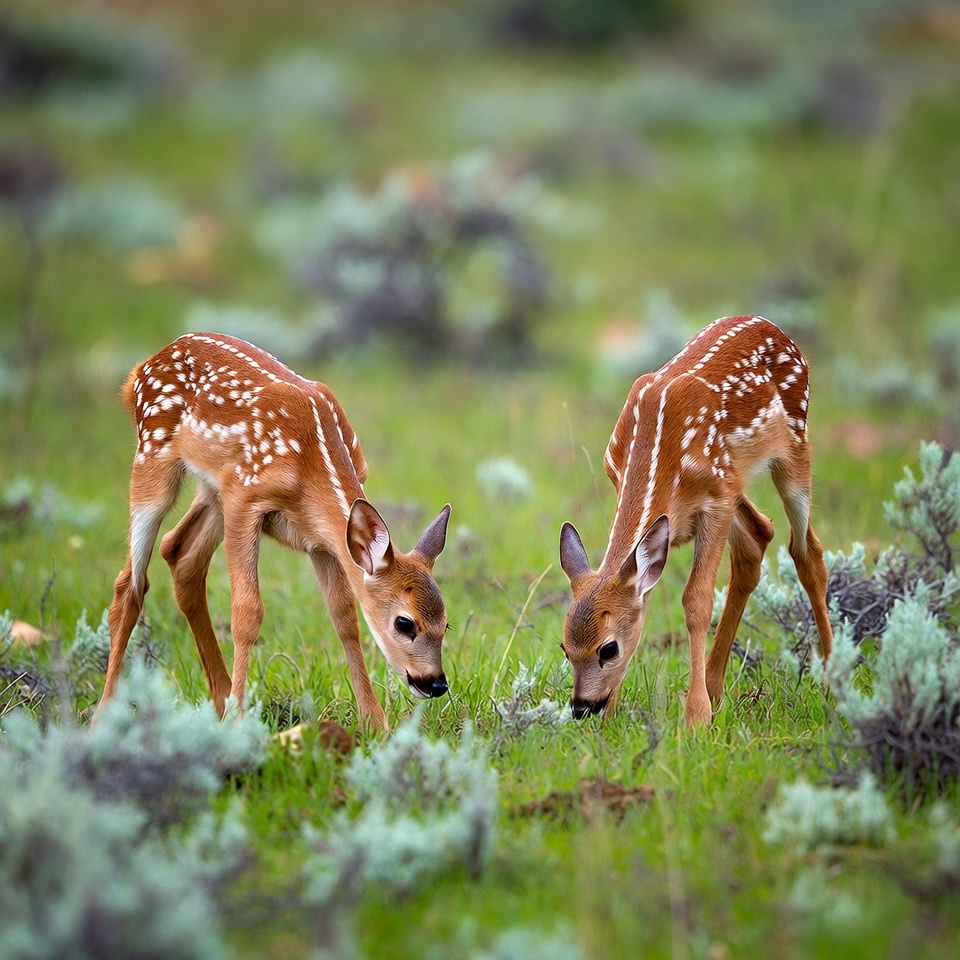 Two fawns grazing in grass Two fawns grazing in grass