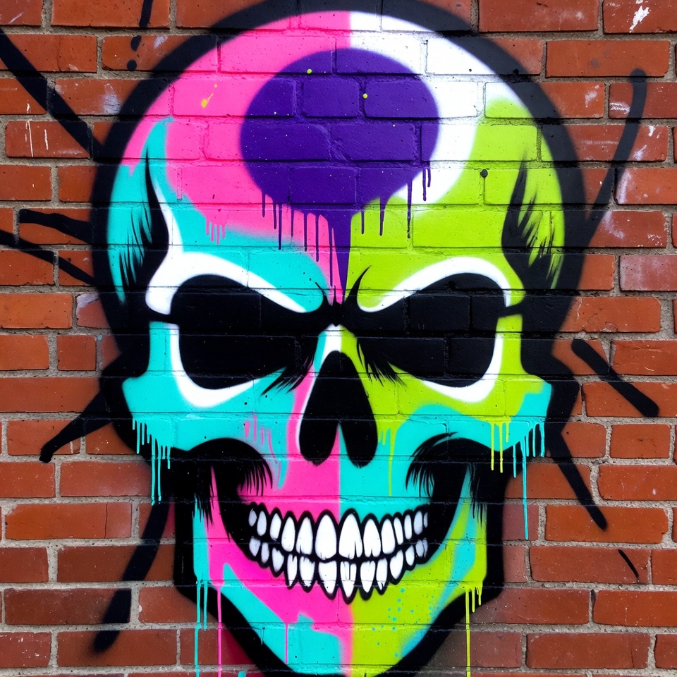 Colorful Neon Skull Graffiti on Brick Wall Colorful Neon Skull Graffiti on Brick Wall