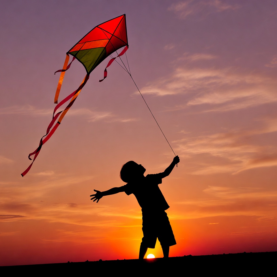 Boy flying kite at sunset silhouette Boy flying kite at sunset silhouette