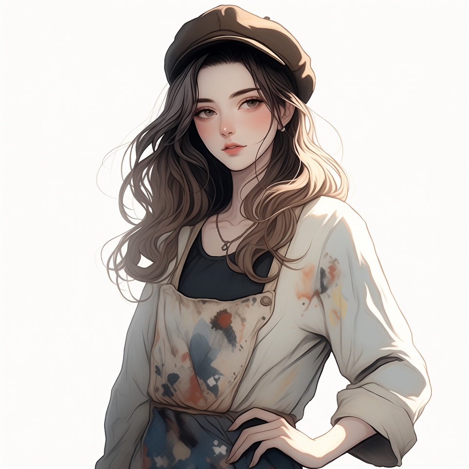 Asian woman in beret and apron Asian woman in beret and apron