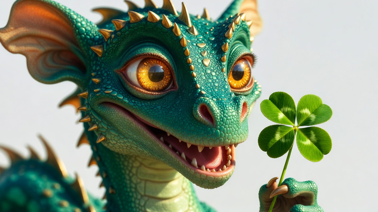 Cute green dragon holding four-leaf clover Cute green dragon holding four-leaf clover