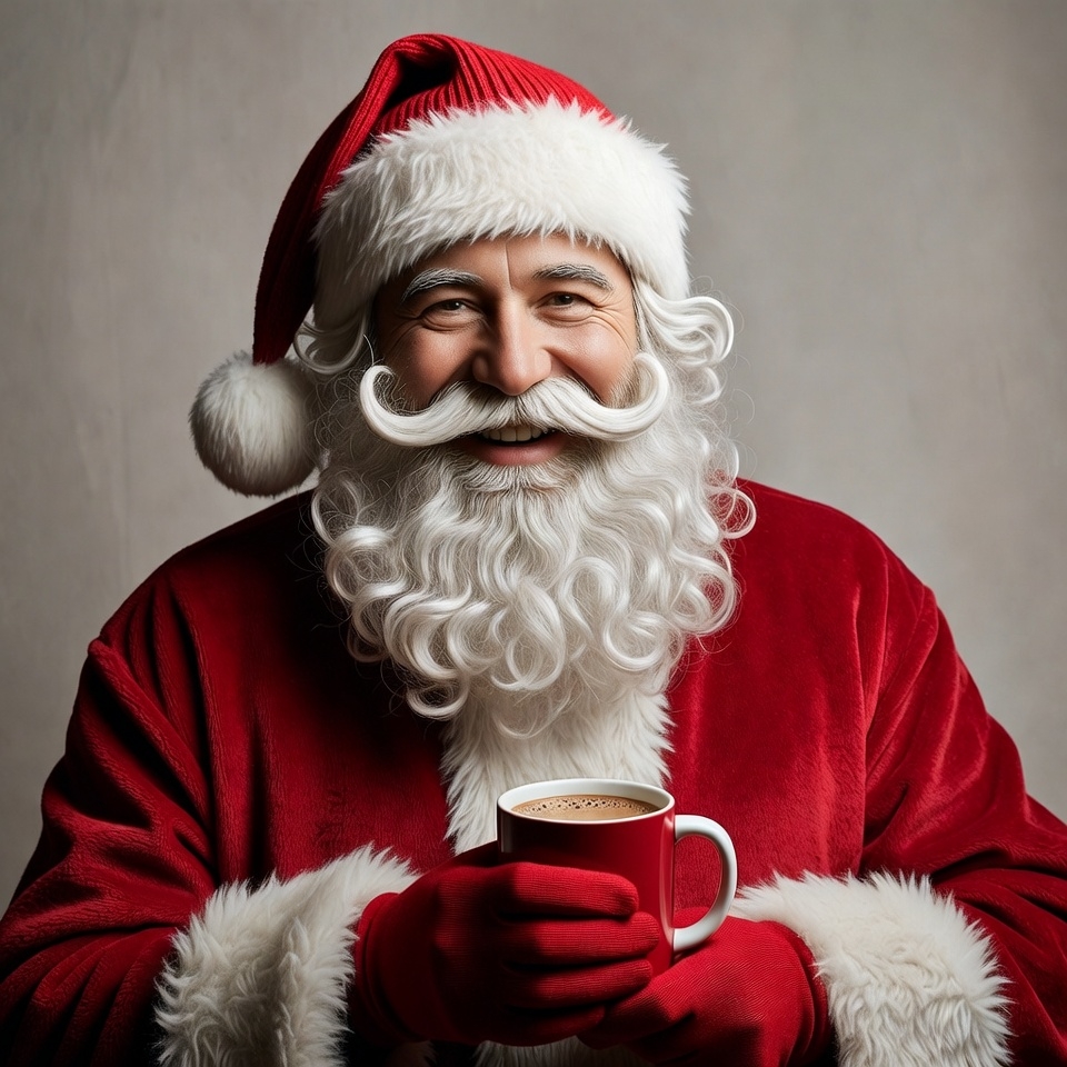 Santa Claus holding red mug Santa Claus holding red mug