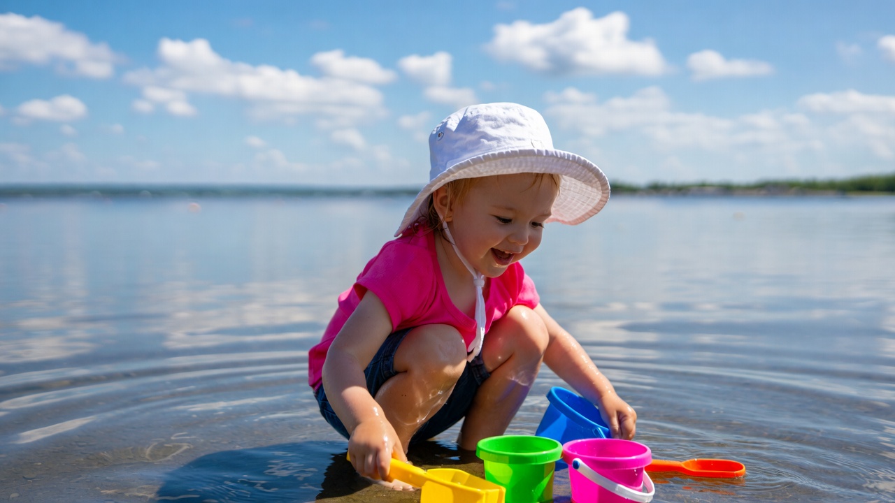 Girl playing with buckets in shallow water Girl playing with buckets in shallow water