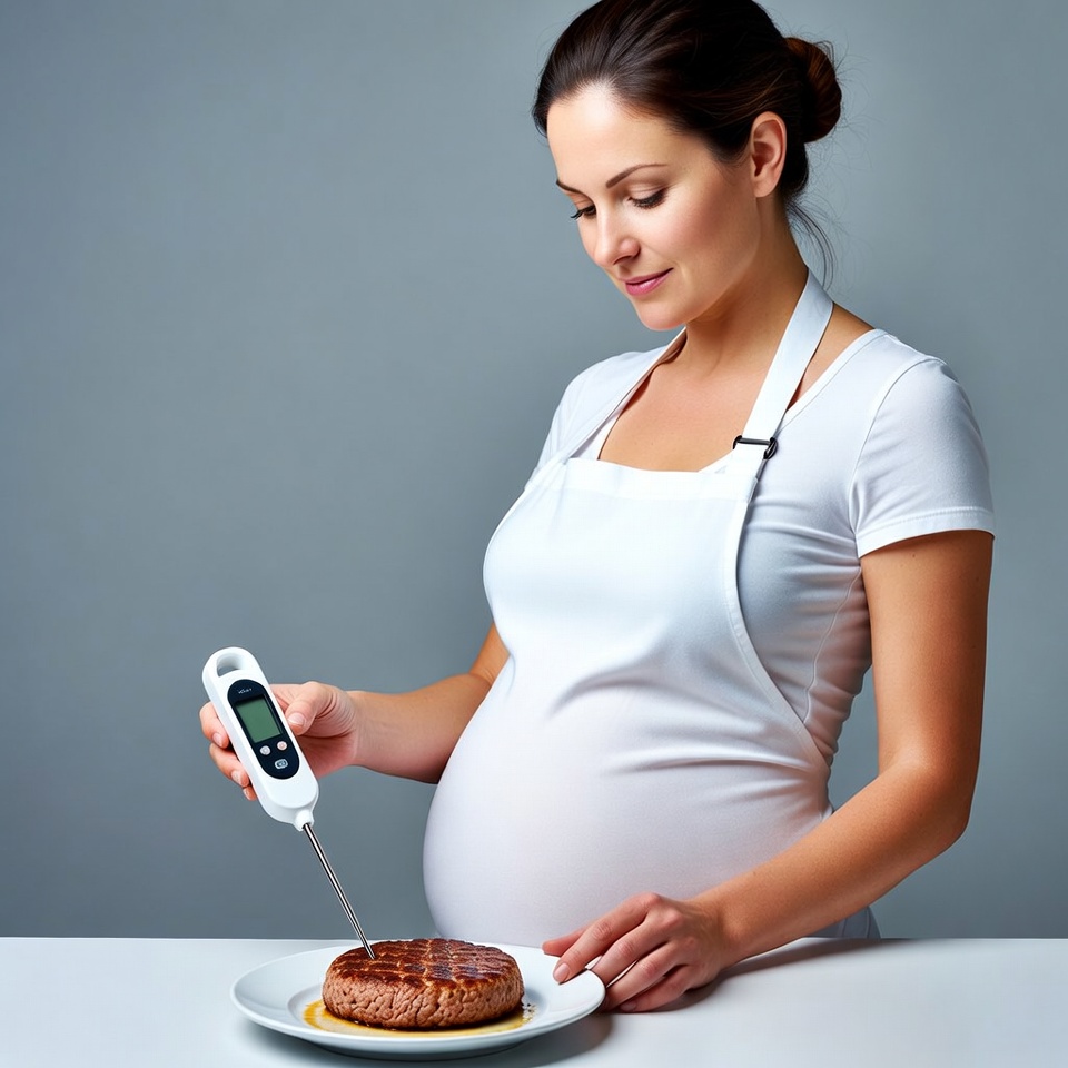 Pregnant woman checking burger temperature Pregnant woman checking burger temperature