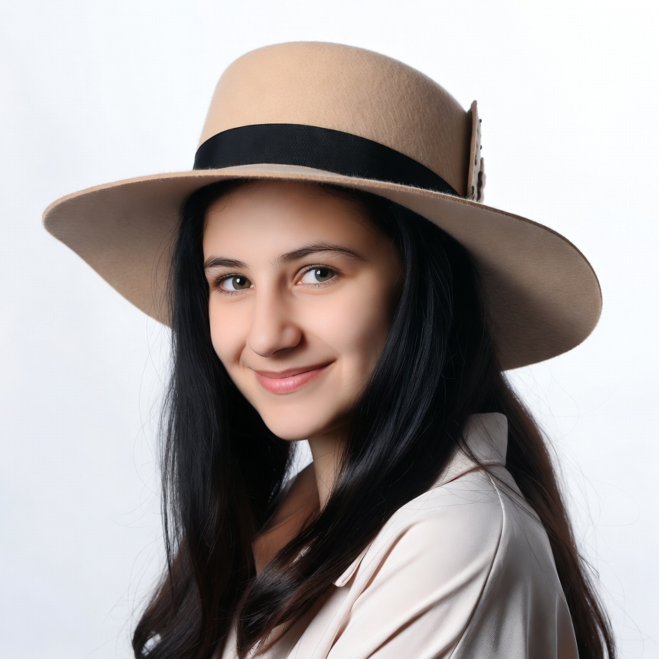 Smiling woman in beige wide-brim hat Smiling woman in beige wide-brim hat