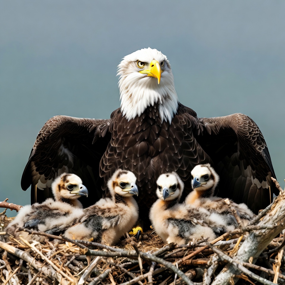 Bald Eagle with Four Chicks in Nest Bald Eagle with Four Chicks in Nest