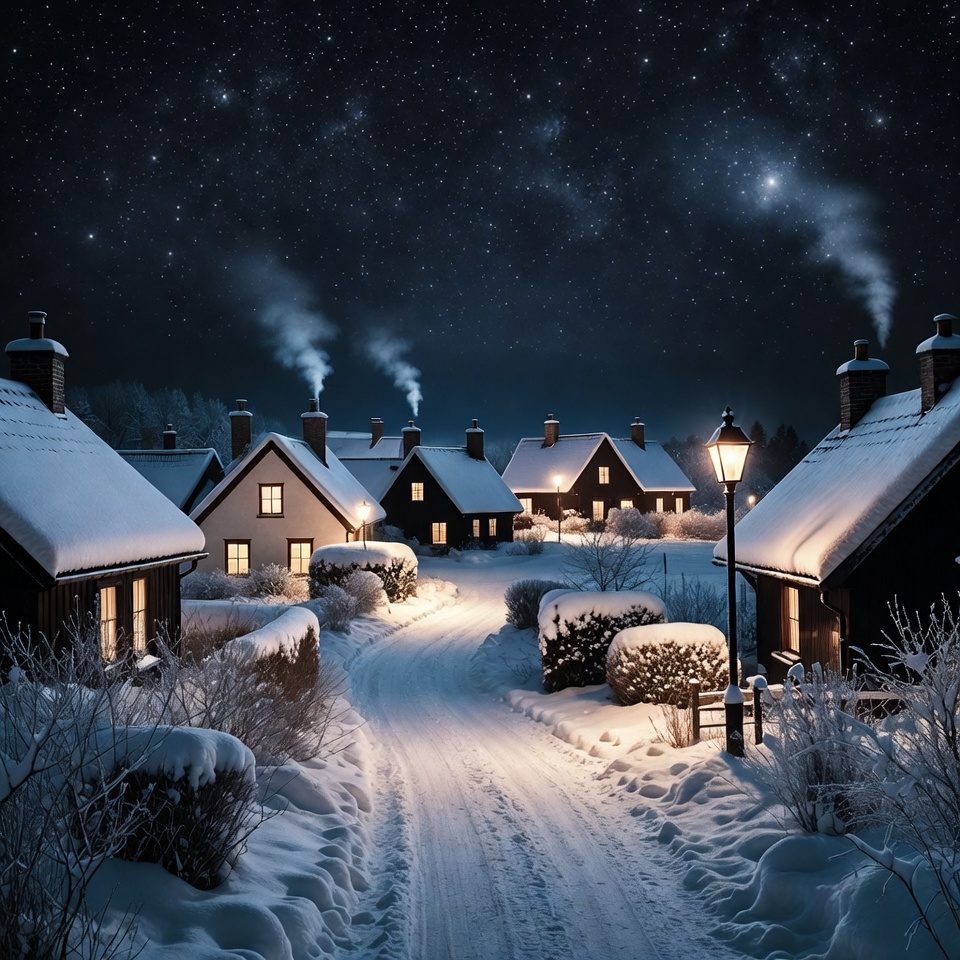 Snowy Village with Starry Night Sky Snowy Village with Starry Night Sky