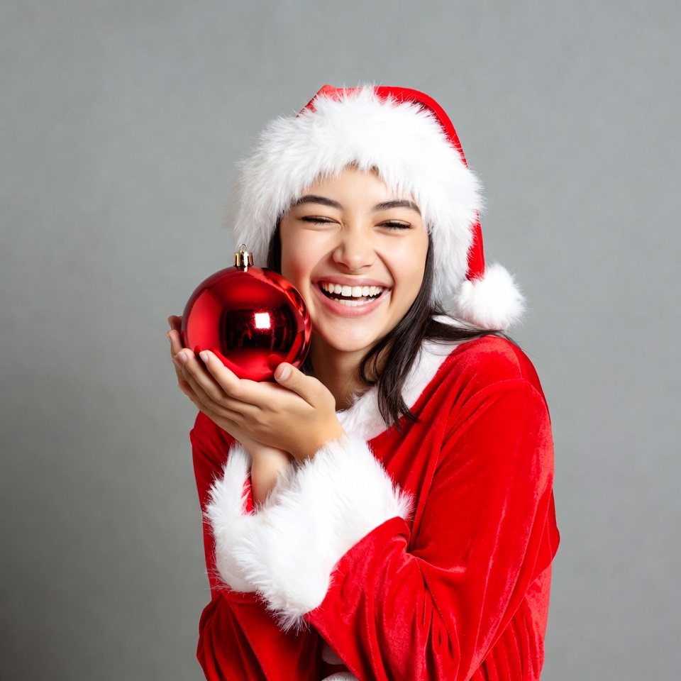 Asian woman in Santa hat holding red ornament Asian woman in Santa hat holding red ornament