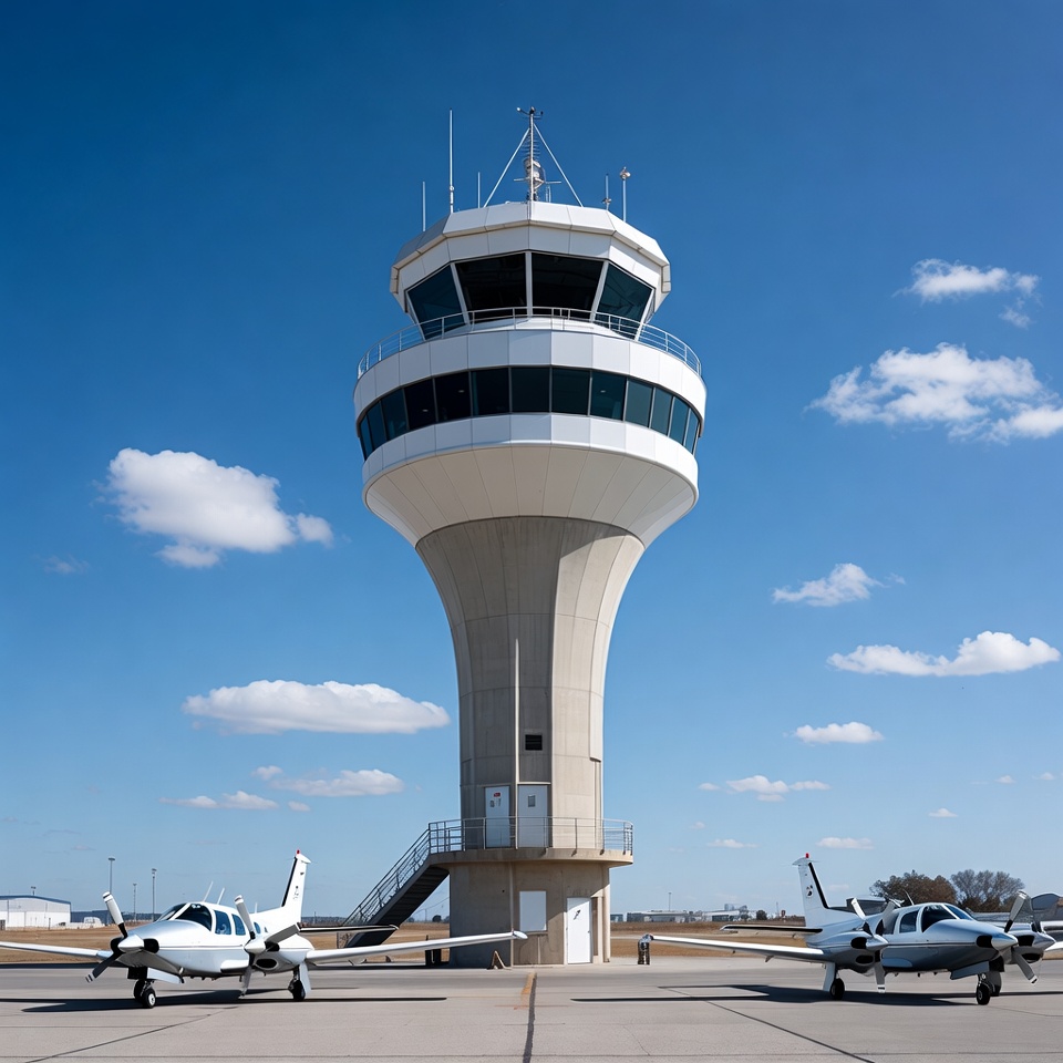 Airport Control Tower with Small Airplanes Airport Control Tower with Small Airplanes