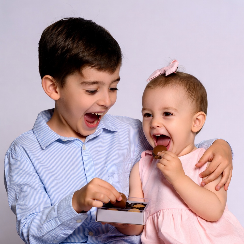 Brother and baby sister sharing chocolates Brother and baby sister sharing chocolates